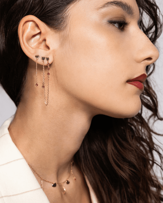 Mono-orecchino cuore catenella tre punti luce - orz-024 m3 cuo au